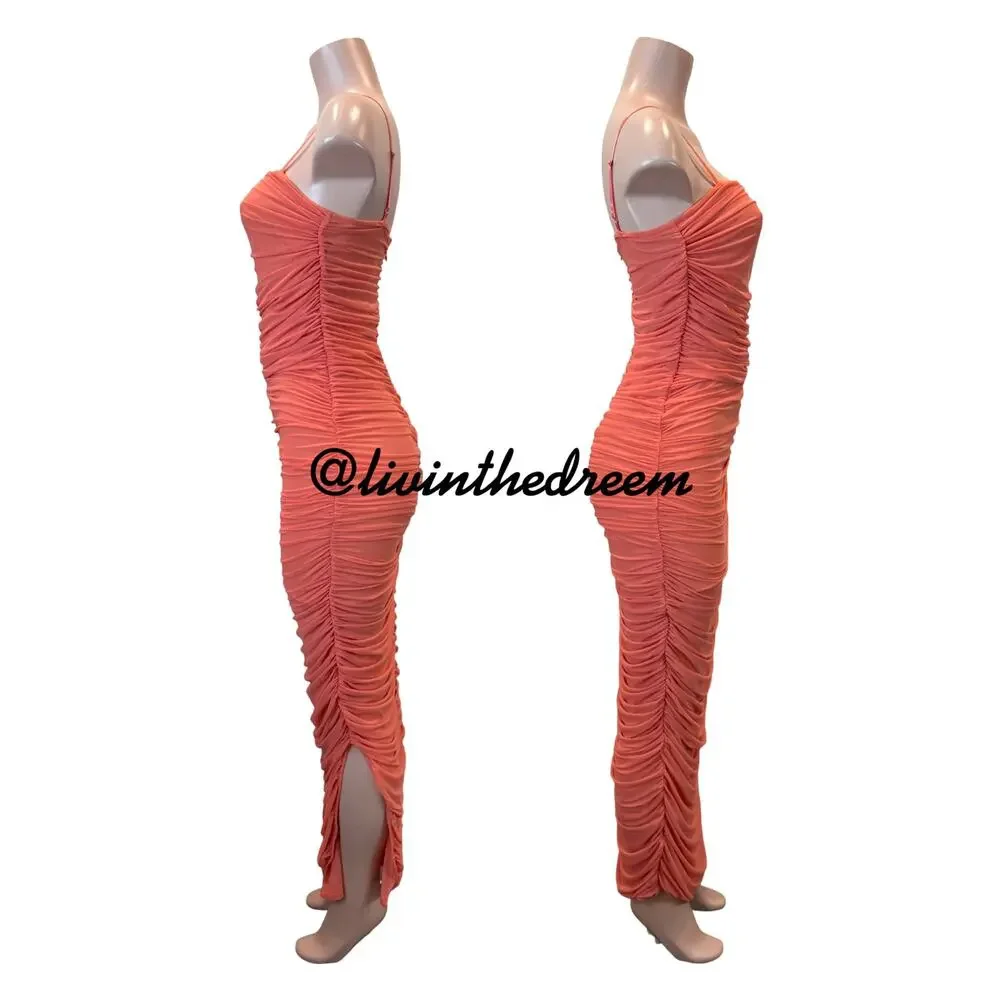 Venus Coral Ruched Bodycon Side Slit Maxi Dress SZ M